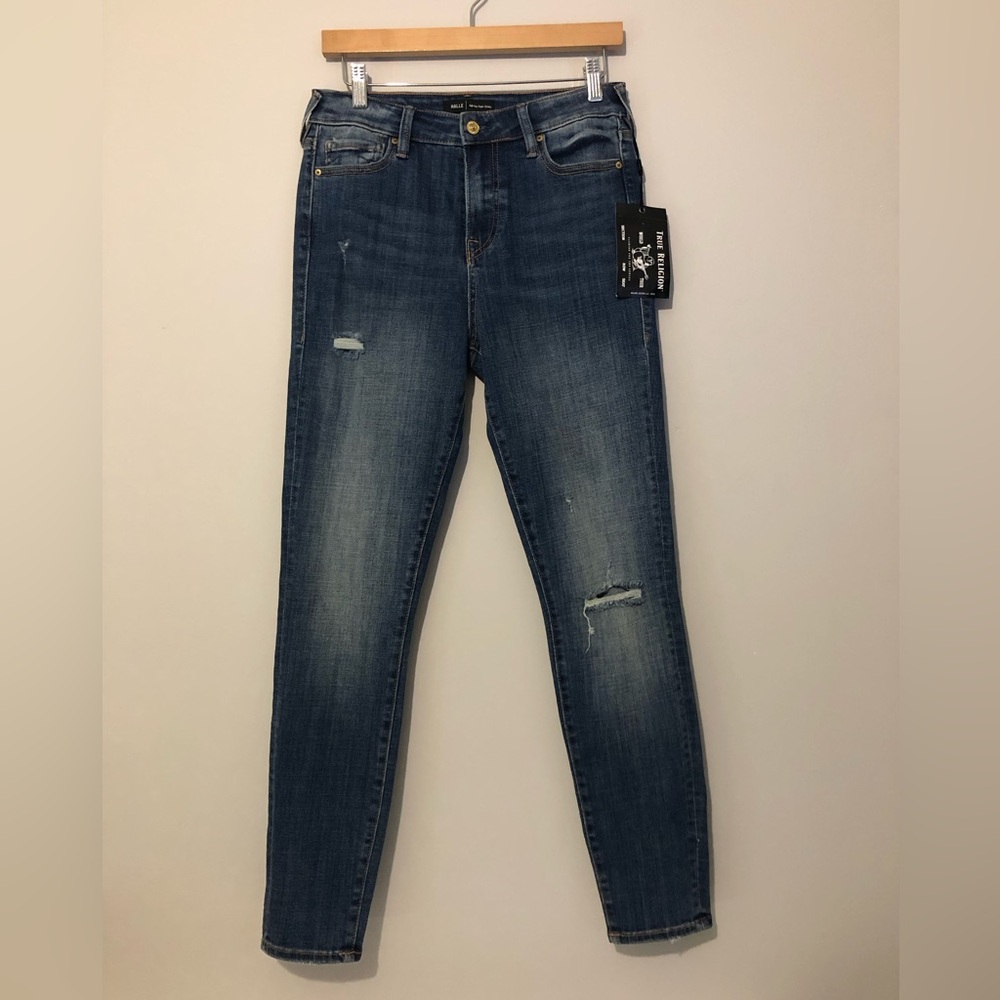 NWT True Religion Halle High Rise Super Skinny Women's 29 Blue Distressed Jeans